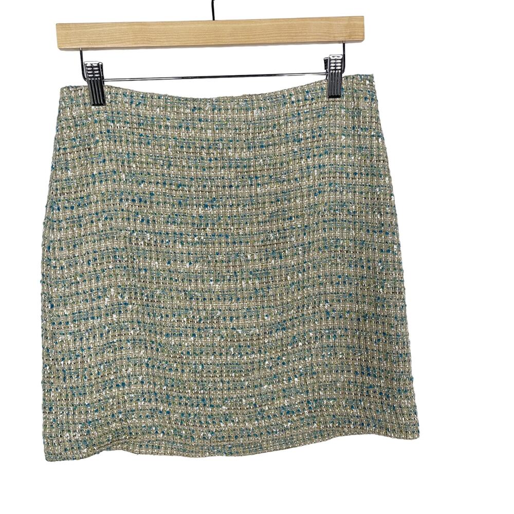 New Ann Taylor Size 4 Green Blue Gold Tweed Metallic Pencil Skirt Zip Back Mini